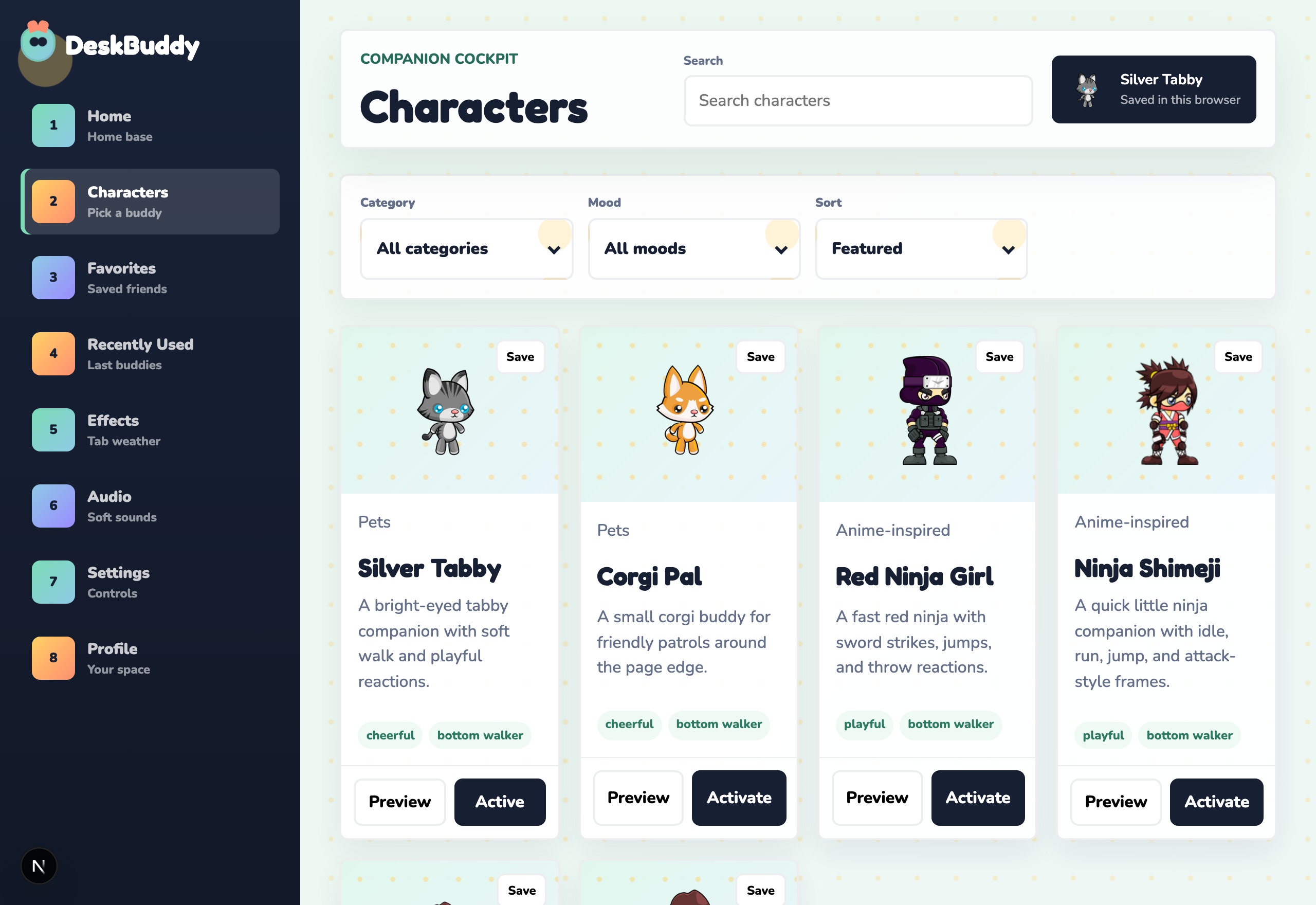 The DeskBuddy character dashboard showing the companion library grid.