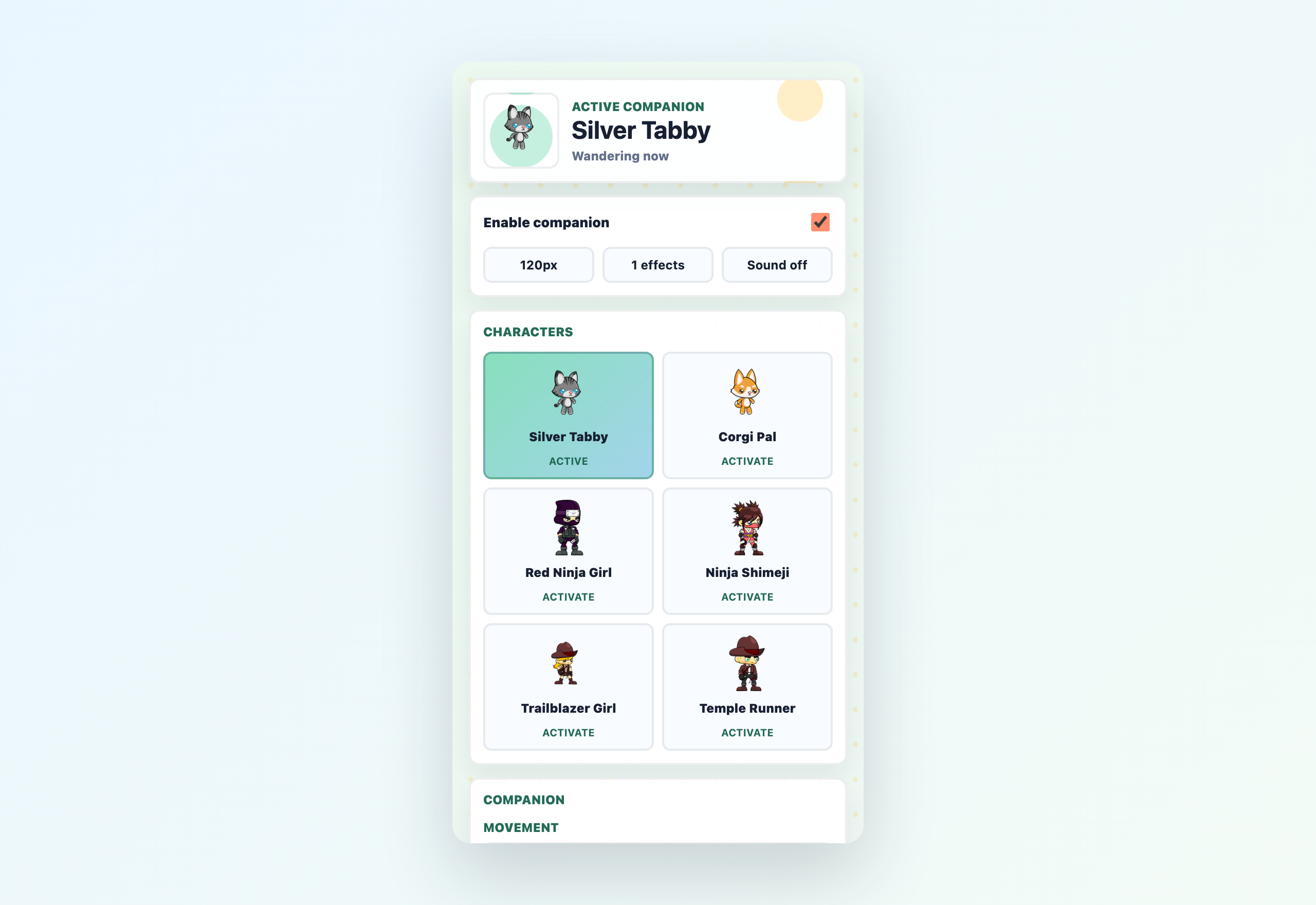 The DeskBuddy side panel showing character, companion, effects, audio, and current-site controls.